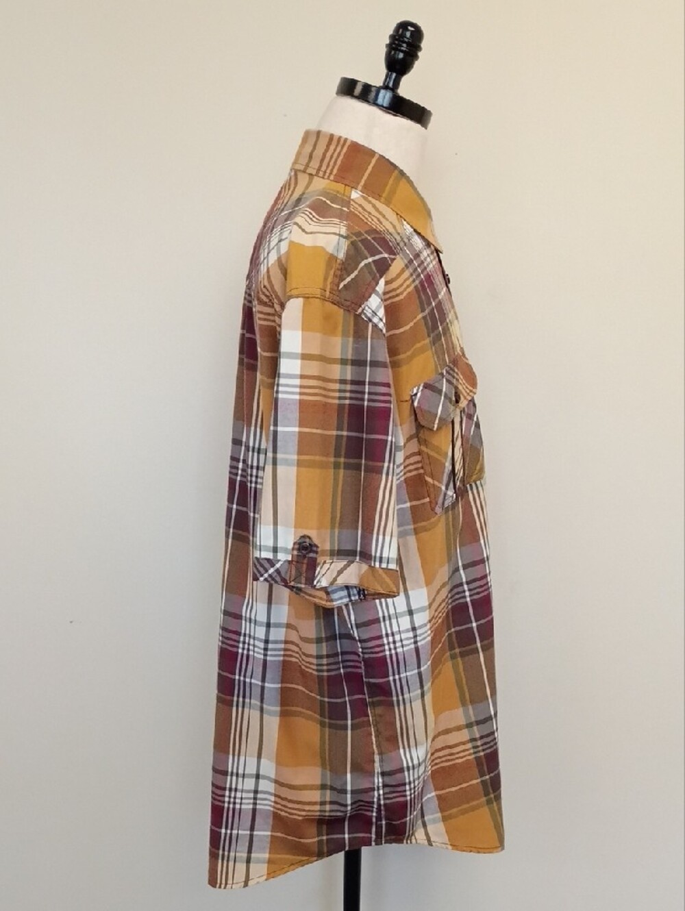 Knockout Jeans Plaid Short Sleeve Button Up Shirt Mustard Burgundy XXL - Picture 4 of 7